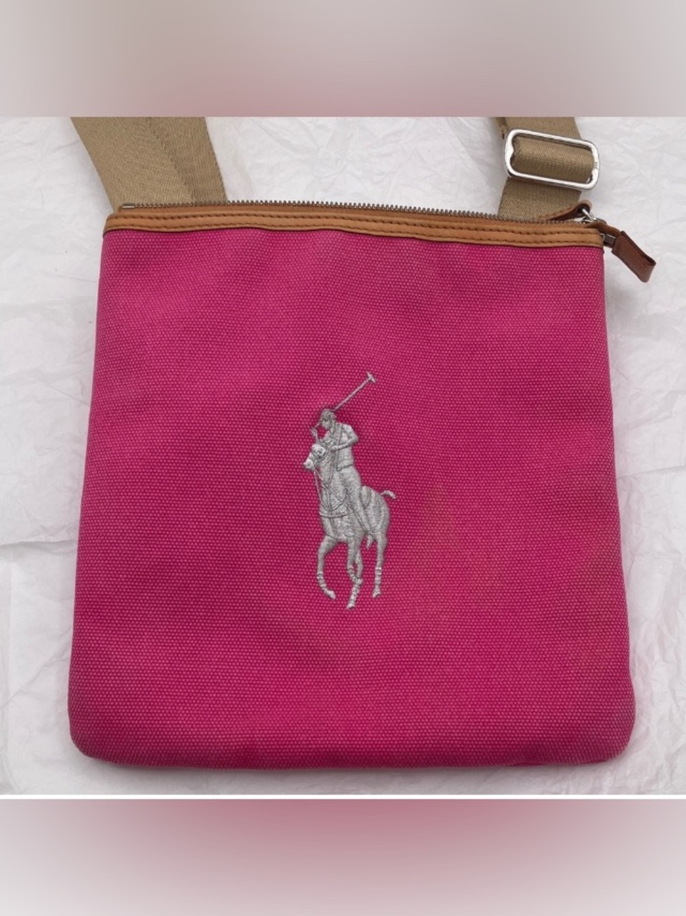 Ralph Lauren Fuchsia Suede Crossbody with Tan Strap
